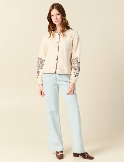 Cardigan droit court col rond brod&eacute; ivoire femme