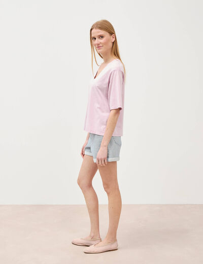 T-shirt col v manches courtes en coton parme femme