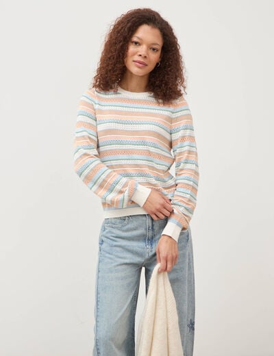 Pull ajour&eacute; col rond manches longues multicolore femme
