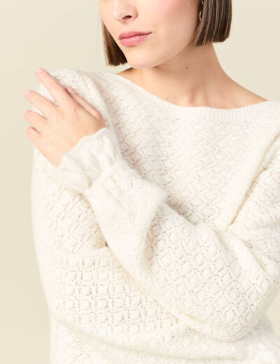 Pull ajour&eacute; col bateau manches longues ecru femme