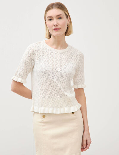 Pull ajour&eacute; droit manches courtes ecru femme