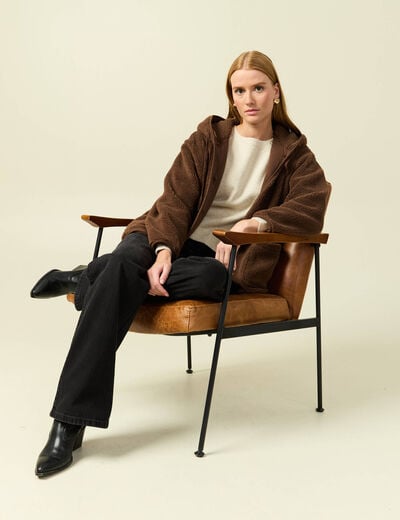 Gilet droit mi-long effet polaire marron fonc&eacute; femme