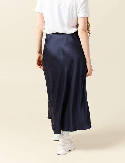 Jupe longue droite satin bleu marine femme