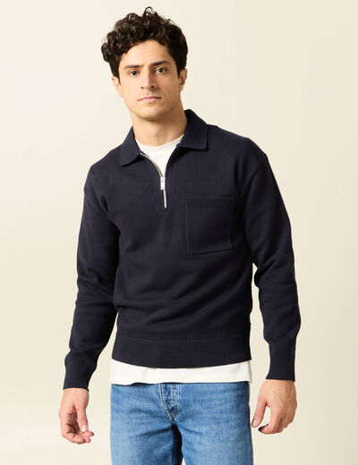 Pull manches longues col polo bleu marine homme