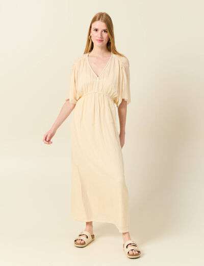 Robe longue empire col en V creme femme