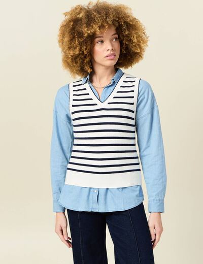 Pull sans manches col en V ecru femme