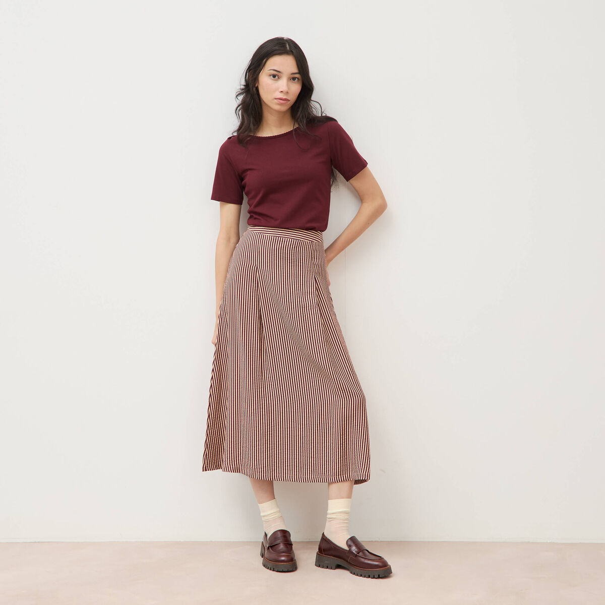 Jupe longue &eacute;vas&eacute;e fluide violet femme