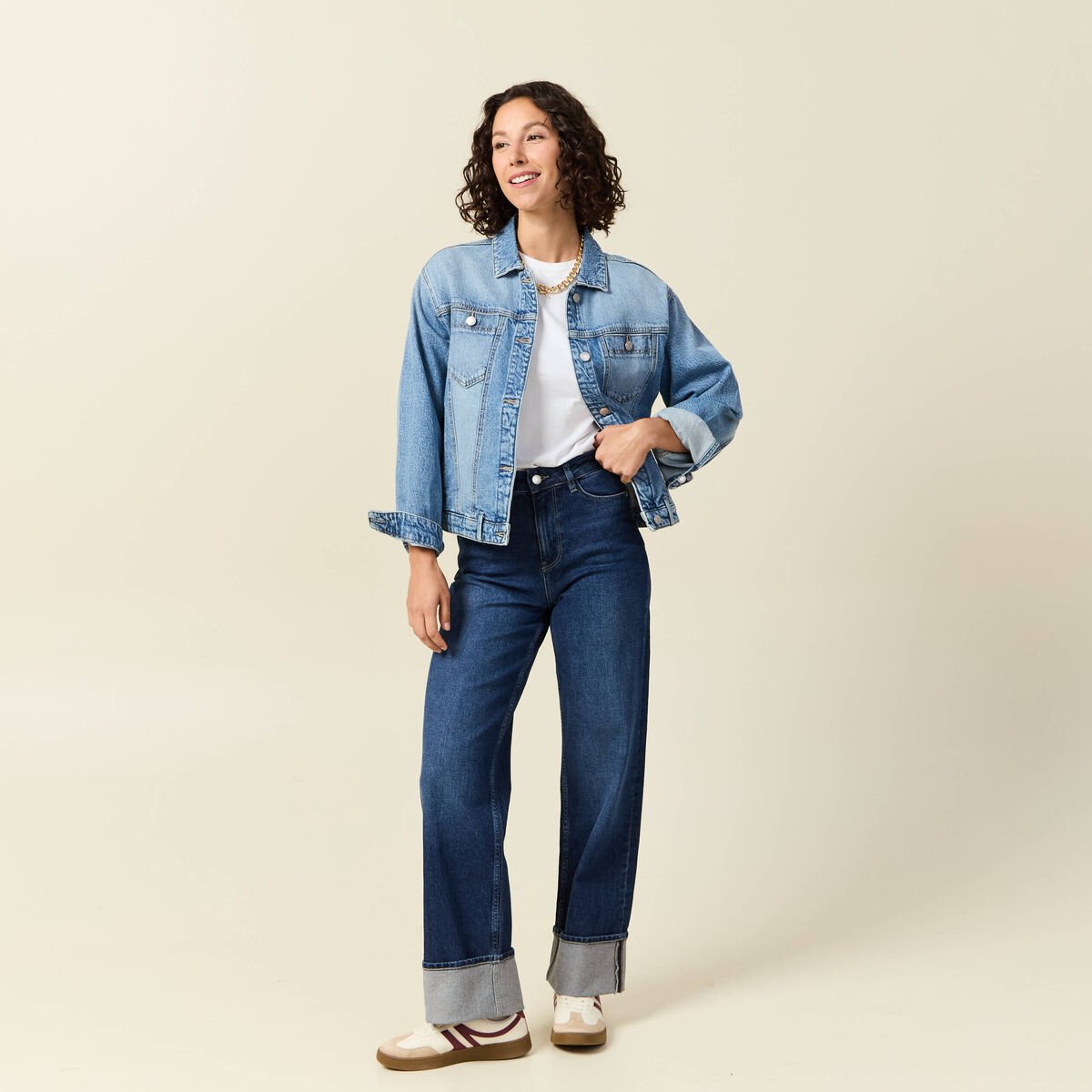 Jeans straight taille haute denim brut femme