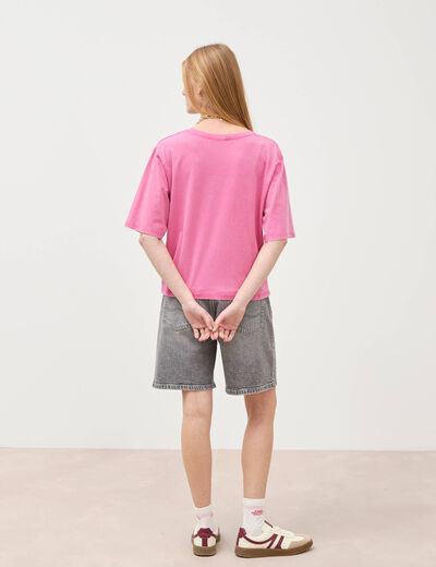 T-shirt col v manches courtes en coton rose framboise femme