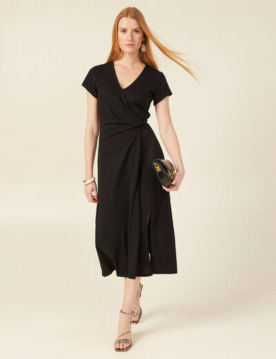 Robe midi droite drapée noir femme
