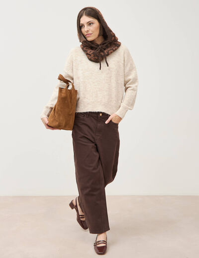 Pull droit manches longues col rond creme femme