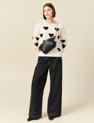 Pull manches longues bouclette col rond prune femme
