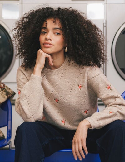 Pull droit col rond manches longues creme femme