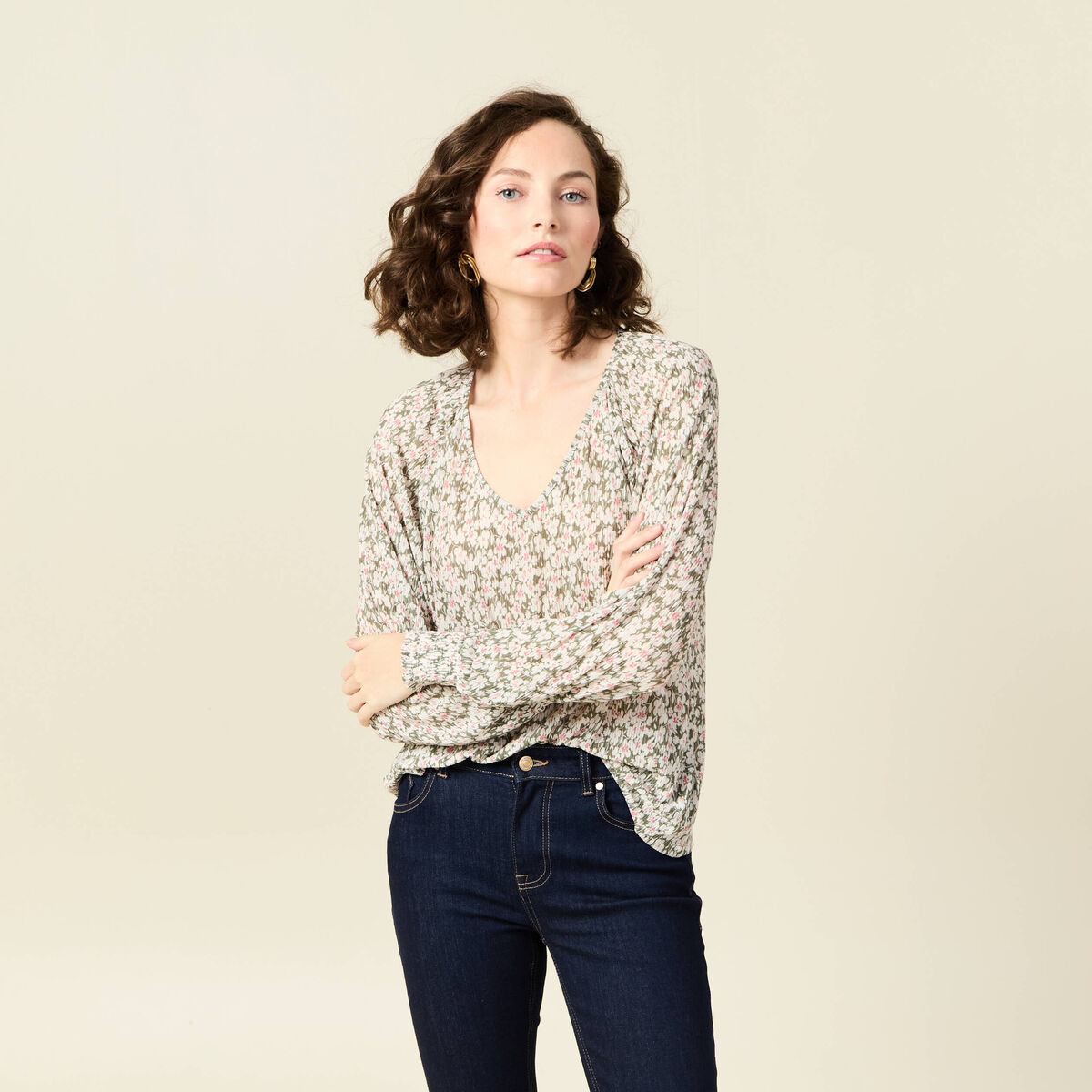T-shirt manches longues vert kaki femme