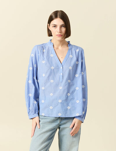 Blouse manches longues en coton brod&eacute; bleu gris femme