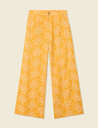 Pantalon large brodé jaune femme