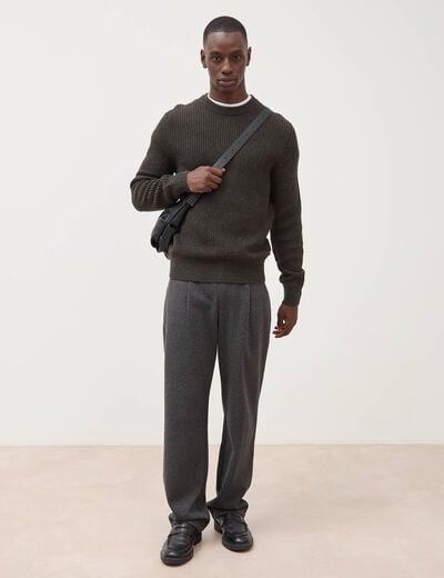 Pull col rond manches longues en coton vert kaki homme