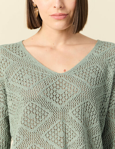 Pull manches longues ajouré vert kaki femme
