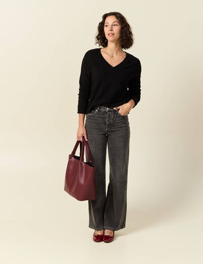 Pull manches longues col en V noir femme