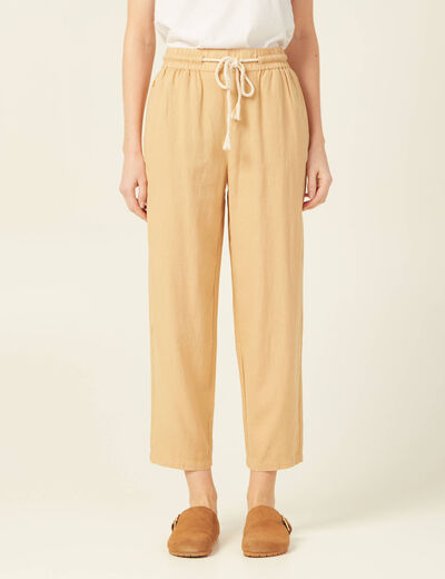 Pantalon droit à coulisse beige femme