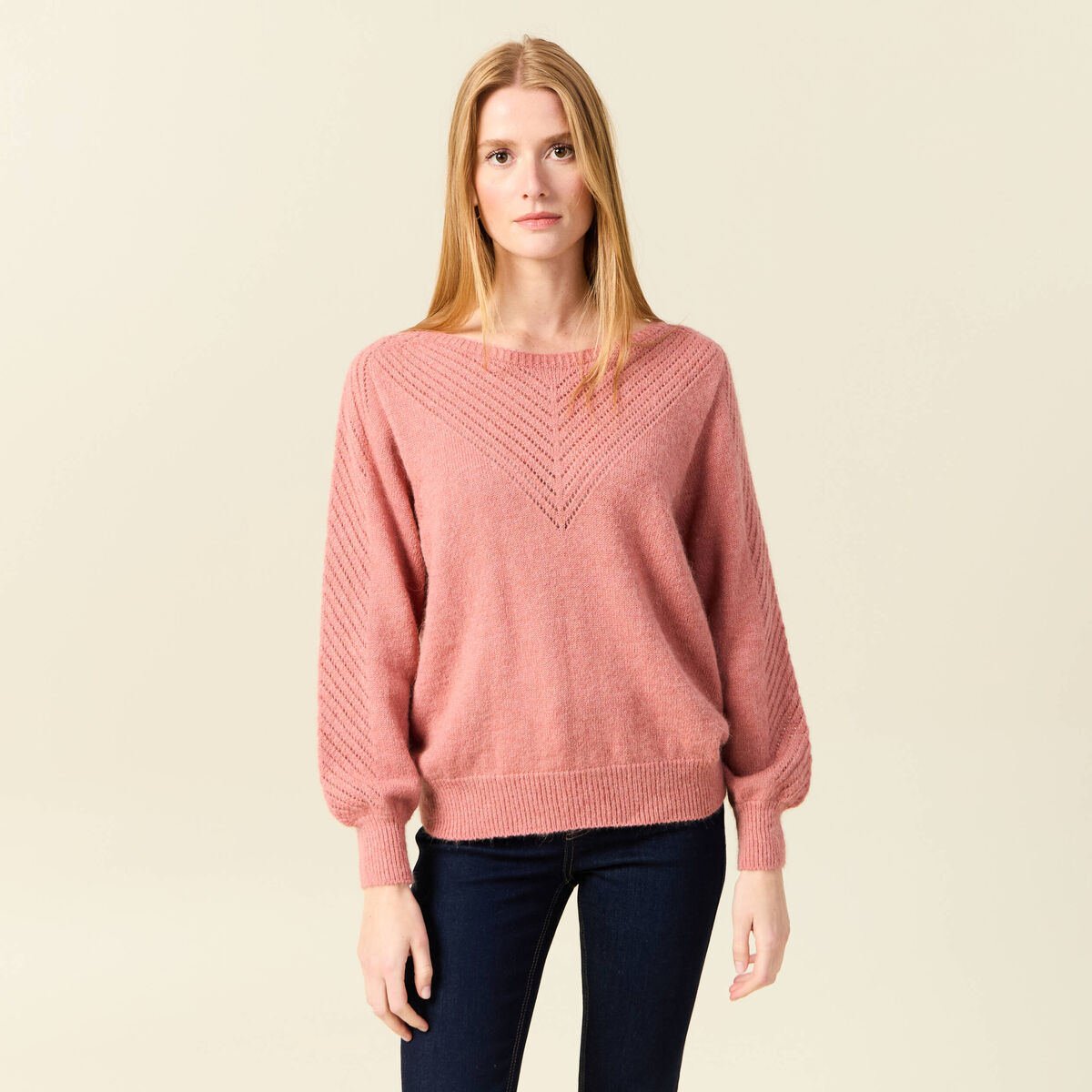 Pull manches longues fabriqué en France rose pastel femme