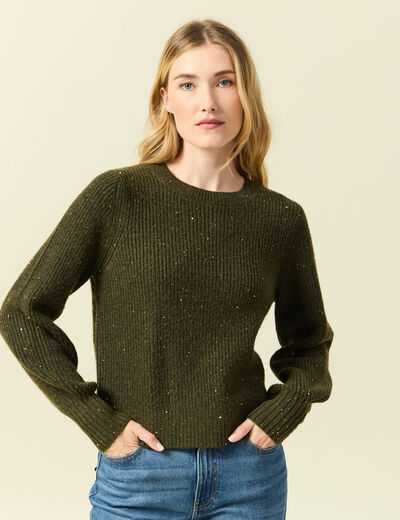 Pull manches longues col rond &agrave; sequins vert kaki femme