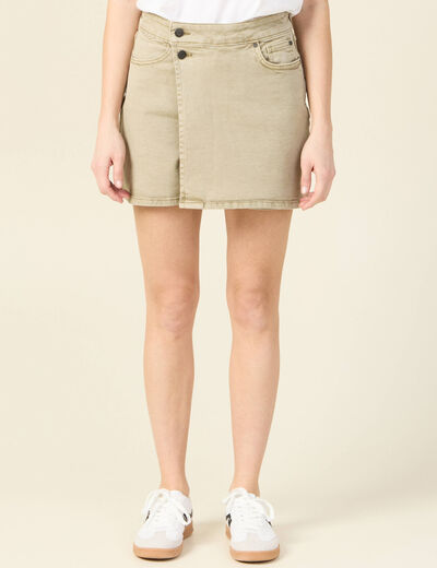 Jupe-short droite en jean vert kaki femme