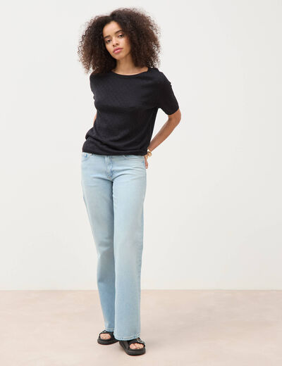 Jeans wide leg taille bascul&eacute;e bleu femme