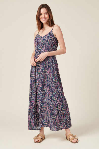 Robe longue droite à bretelles bleu femme