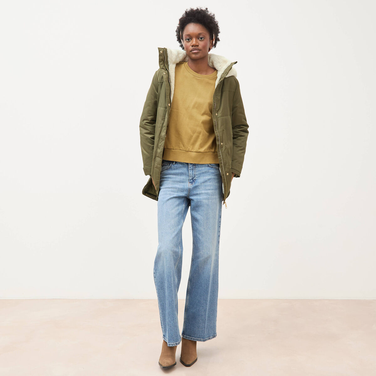 Sweat droit en coton manches longues camel femme