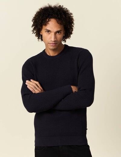 Pull manches longues col rond bleu fonc&eacute; homme