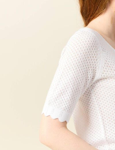 Pull manches courtes ajouré blanc femme