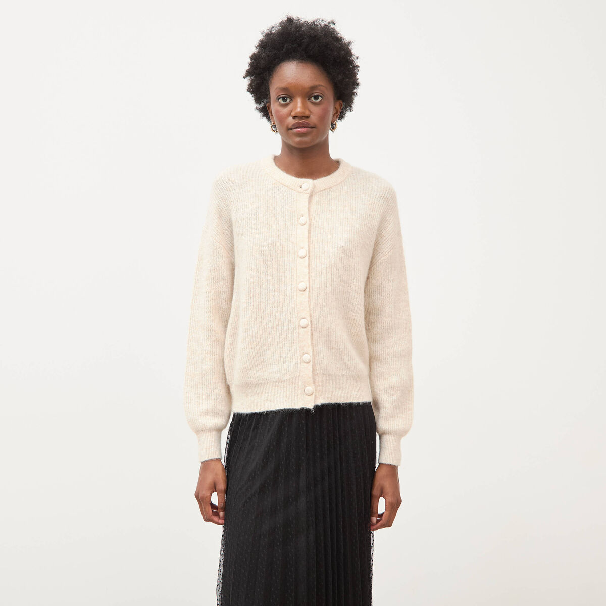 Gilet manches longues col rond beige femme