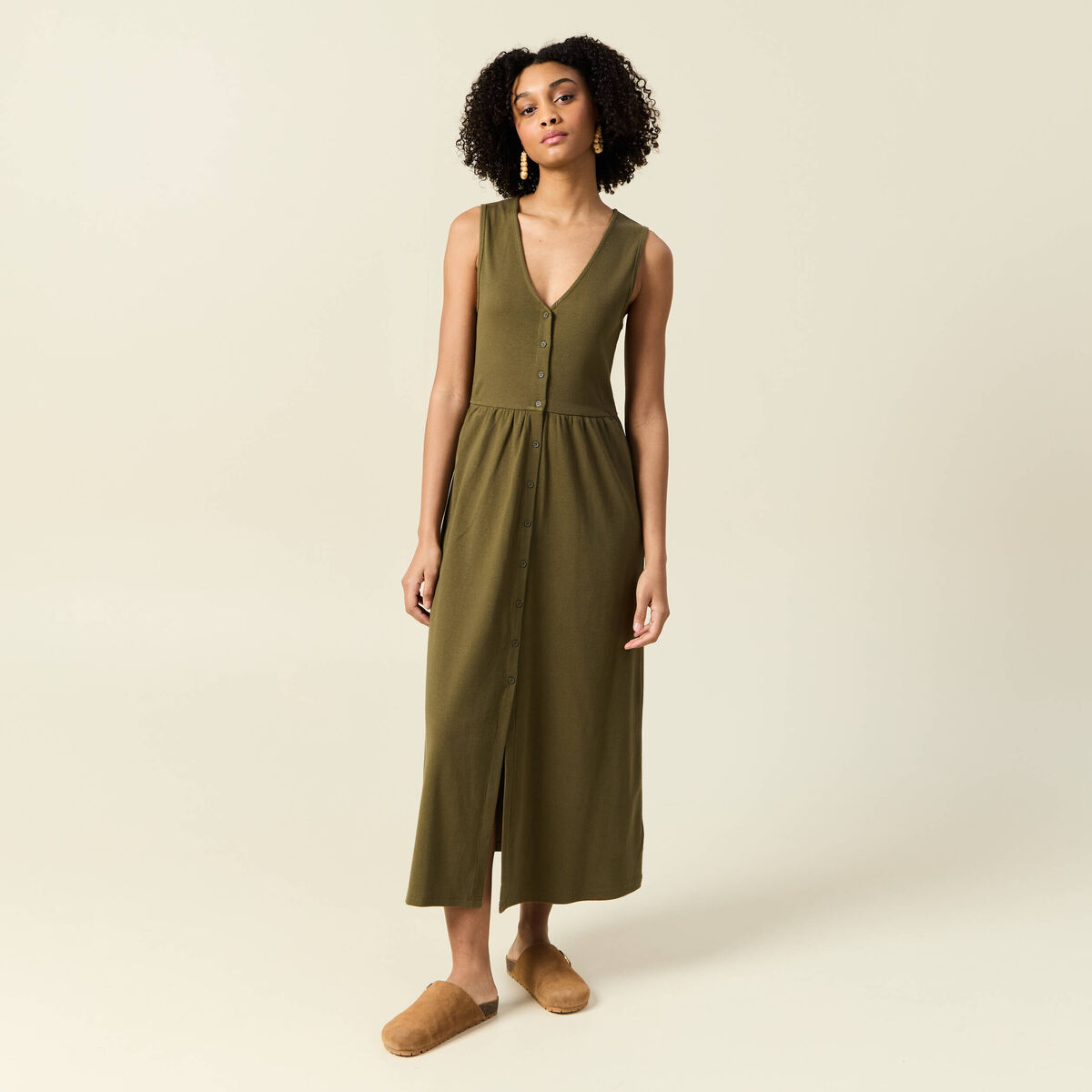 Robe longue droite boutons vert kaki femme