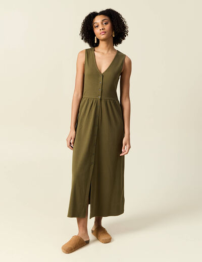 Robe longue droite boutons vert kaki femme