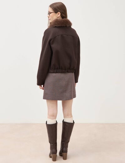 Blouson court oversize col sherpa marron fonc&eacute; femme