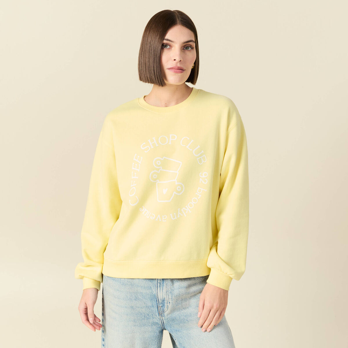 Sweat droit court manches longues jaune pastel femme
