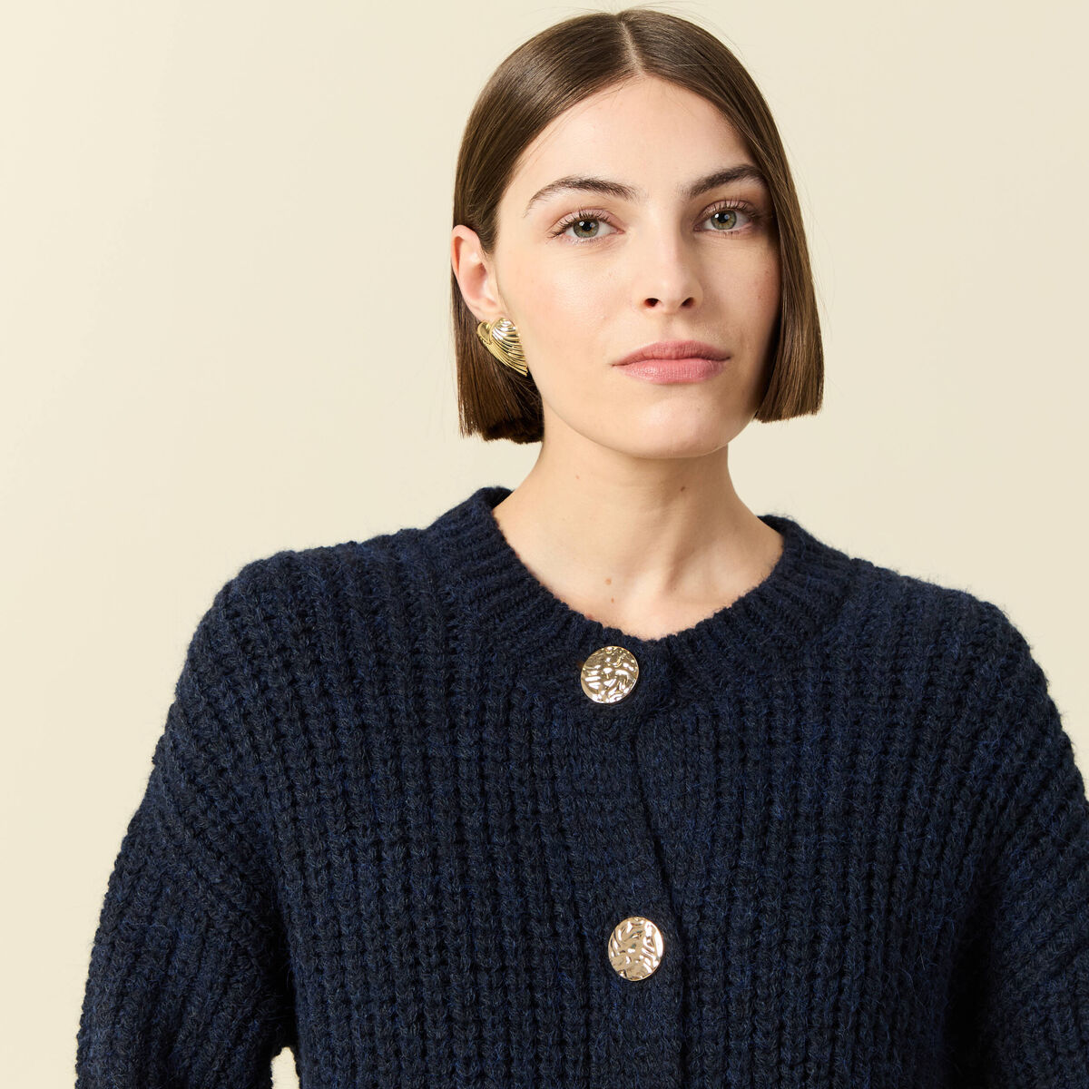 Gilet droit court manches longues bleu marine femme