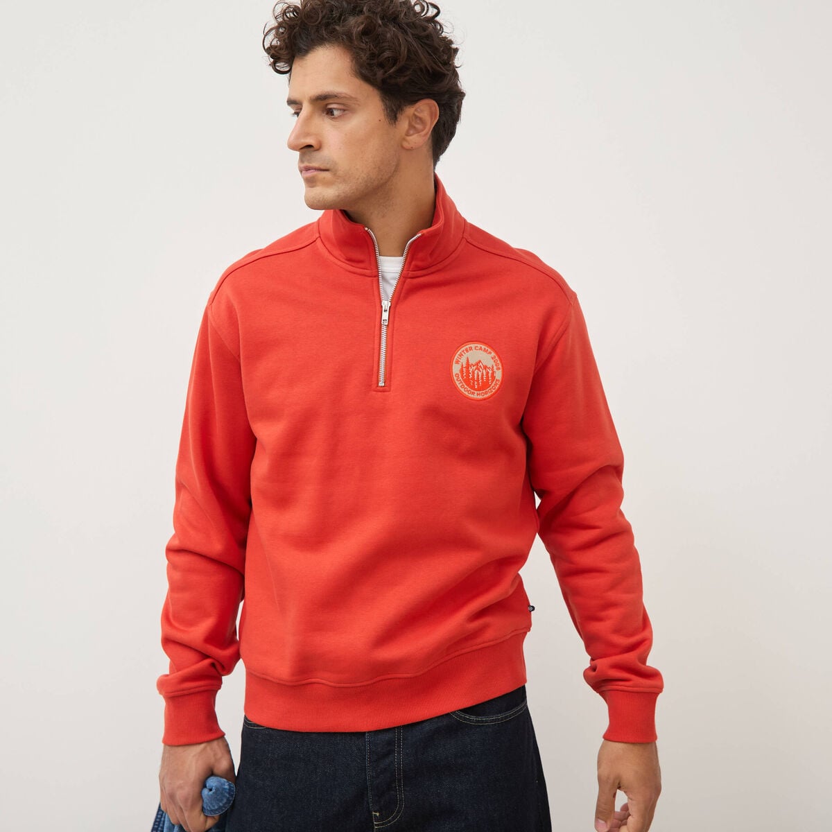 Sweat col camionneur manches longues orange fonc&eacute; homme