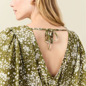 Robe évasée manches courtes vert olive femme