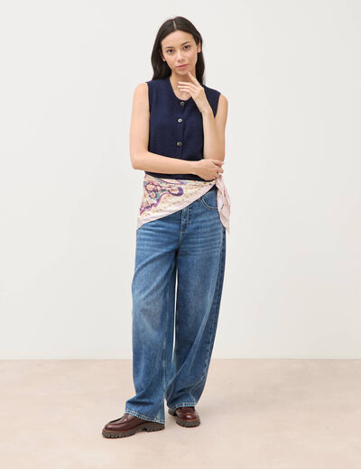 Pull droit court sans manches col rond bleu marine femme