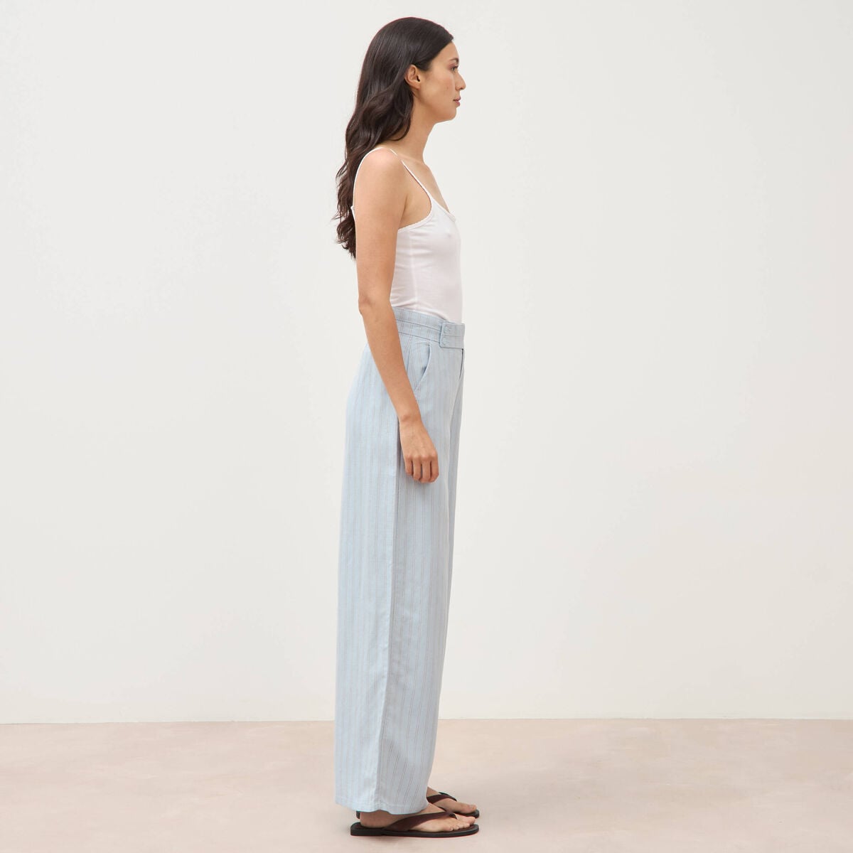 Pantalon large taille haute ceinture bleu ciel femme