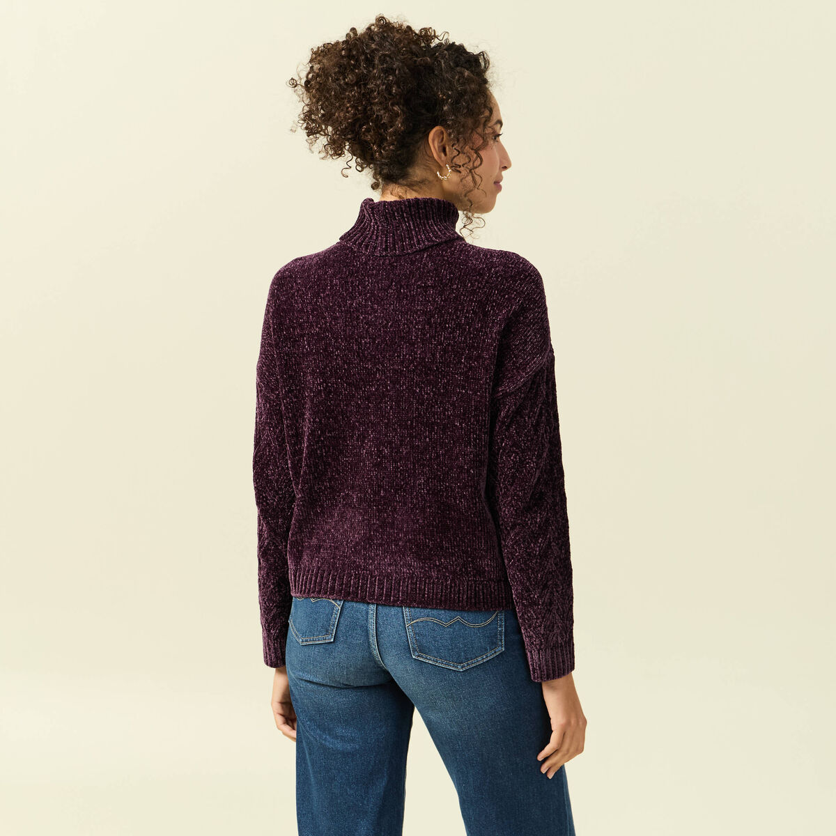 Pull col roul&eacute; manches longues prune femme