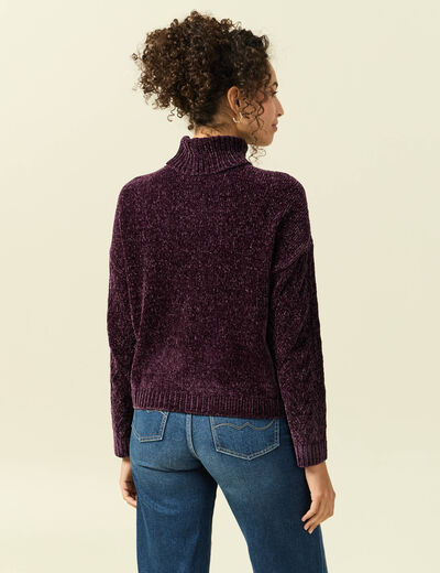 Pull col roul&eacute; manches longues prune femme