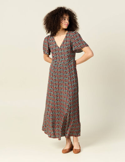 Robe longue droite col v manches courtes noir femme
