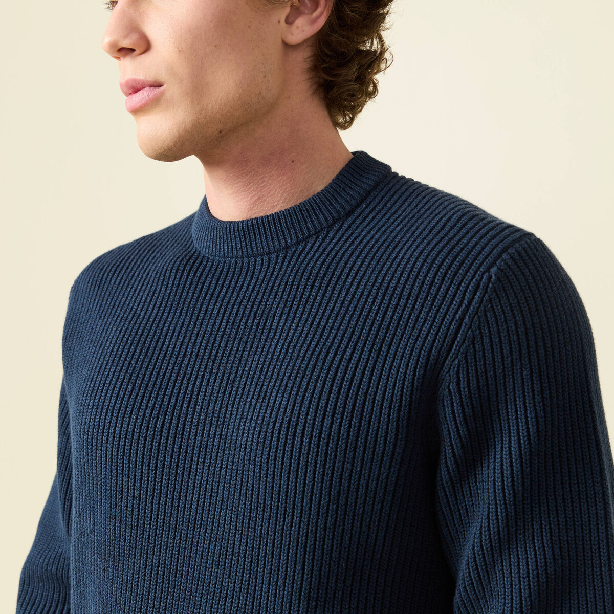 Pull fin manches longues col rond bleu marine homme