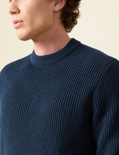 Pull fin manches longues col rond bleu marine homme