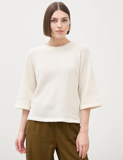 Sweat col rond manches 3/4 brillant ecru femme