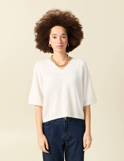 Pull col v manches 3/4 ecru femme