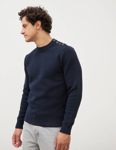 Pull manches longues col rond bleu marine homme